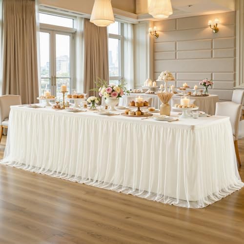 6 Pack Ivory Tablecloth for 6 Foot Rectangle Tables with Tulle Table Skirt - Image 4