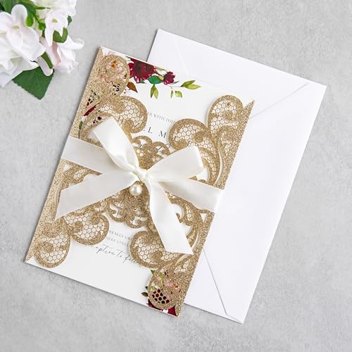 20Pcs Personalized Wedding Invitation, Customized Gold Glitter Laser Cut Invitation Cards With Envelopes Rhinestone Pearls and Ribbons For Wedding XV Anos Quinceanera Invitation - Image 5