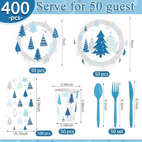 Pickmesh 400 Pcs Winter Party Supplies Blue Silver Paper Plates Serve 50 - Image 2