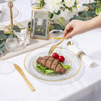 Rubtlamp 700Pcs Gold Plastic Dinnerware Set, Hammered Clear Gold Plates, Fancy Plastic Plates Include 100 Dinner Platos,100 Salad Platos,100 Cups,100 Pack Pre Rolled gold plastic Silverware - Image 3