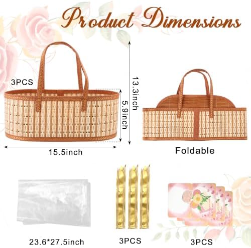 3 Set Baskets for Gifts Empty, Large Woven Bamboo Gift Basket with Handle - Image 2