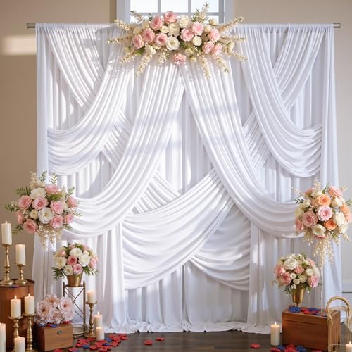 10ftx12ft Wrinkle Free White Backdrop Curtain for Wedding Parties, Silky Polyester 12 ft Long Photo Backdrop Drapes Back Drop Cloth Drapery for Birthday Baby Shower Photography Background by Htper