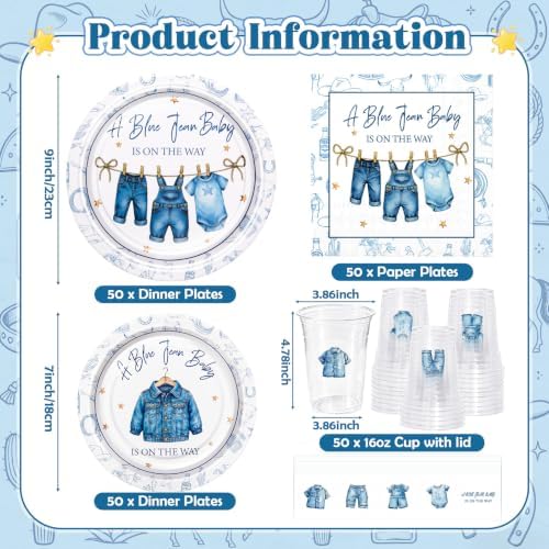 200 Pcs Blue Jean Baby Shower Decorations, Disposable Paper Plates Napkins Plastic Cups & Stickers, Denim Theme Party Tableware Set for Boy Baby Shower Birthday Gender Reveal Party Supplies Serves 50 - Image 2