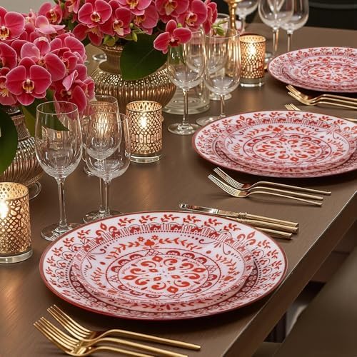 Hioasis Red Plastic Plates, Floral Disposable Plates, 60 Pcs for 30 Guests - Image 2