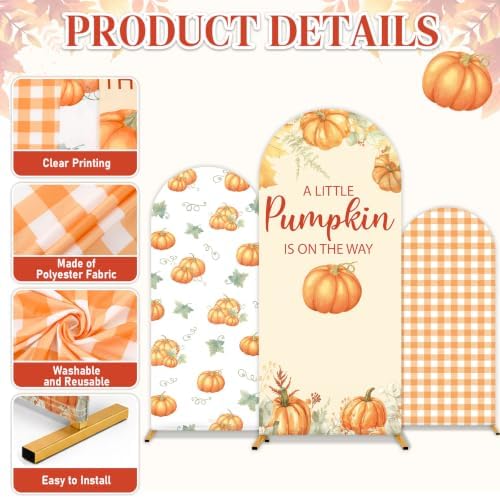 3 Pcs Fall Themed Arch Backdrop Covers Orange A Little Pumpkin Party Decor - Image 4