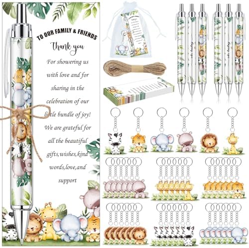 145 Pieces Safari Baby Shower Favors for Guest Wild Animal Ballpoint Pens and Keychains Gifts Bulk Retractable Jungle Baby Shower Pens Gender Reveal Thank You Cards Souvenirs Prizes by EYNDYN