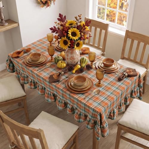 Romanstile Thanksgiving Plaid Ruffled Tablecloth Rectangle 60x102 Inch Rust - Image 3