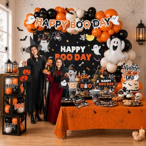 254Pcs Halloween Birthday Party Decorations, Happy Boo Day Decorations Kit with Happy Booday Banner Balloon Plates Napkins Cake Toppers and Stickers for Birthday Ghost Party - Image 6