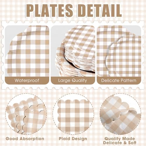 Funnymoom 400 Pcs Gingham Party Supplies for 50 Guests Khaki and White Paper Plates and Napkins Knives Spoons Forks Cups Disposable Checkered Dinner Party Set Cutlery for Baby Shower Wedding Favor - Image 2