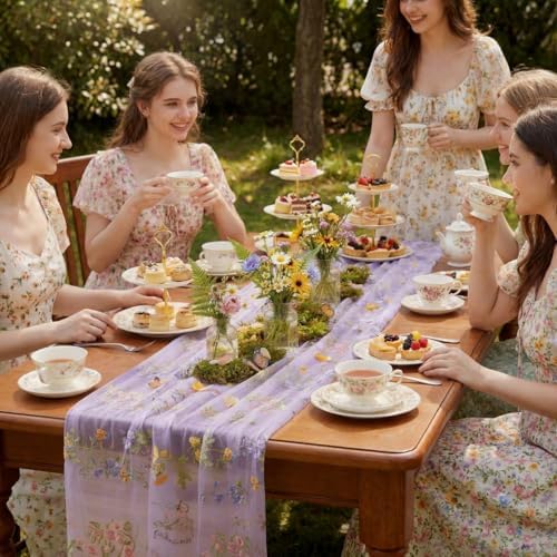 Purple Floral Table Runner 10ft Embroidery Tulle Spring Wildflower Gauze Table Runner Seasonal Summer Butterfly Kitchen Dining Decoration for Wedding Baby Shower Birthday Party (6 Pcs) - Image 2