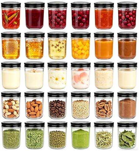 QAPPDA 6oz Glass Jars With Lids,Small Mason Jars Wide Mouth,Mini Canning Jars With Black Lids,Kitchen Storage Jars For Honey,Jam,Jelly,Baby Foods,Wedding Favor,Shower Favors,Spice Jars Set of 30 by QAPPDA
