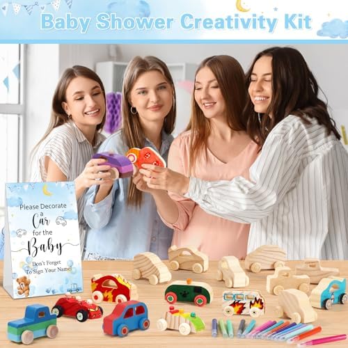 Hiboom 75 Pcs Baby Shower Wood DIY Print Car Set, Blue, Bear - Image 6