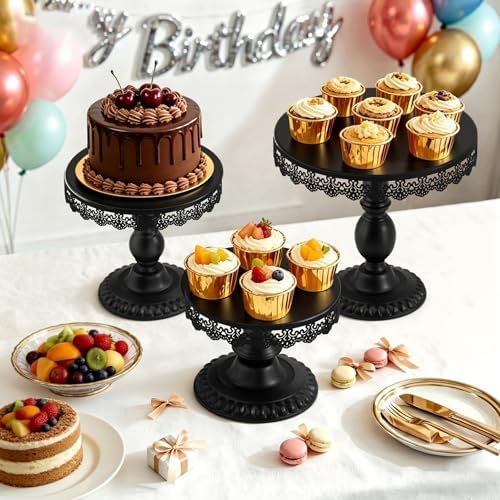 3 PCS Black Cake Stands (8"&10"&12" Plate), Cupcake Stand with a lace Hollow Border Metal Cake Stand Set for Birthday Party, Wedding, Anniversary, Baby Shower - Image 2