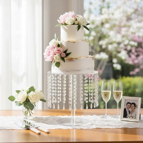 Round Cake Stand - 12 Inch Diameter Acrylic Dessert Display Stand with Crystal Chandelier, Cupcakes Serving Plate for Party Wedding Birthday Festival Event Decorations - Image 2