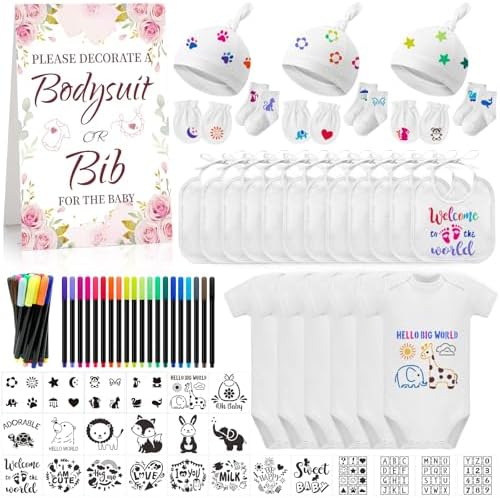 78PCS Baby Bib Bodysuit Baby Shower Set Baby Shower Game Sign Baby Feede Bib Newborn Bodysuit Fabric Marker by Unknown