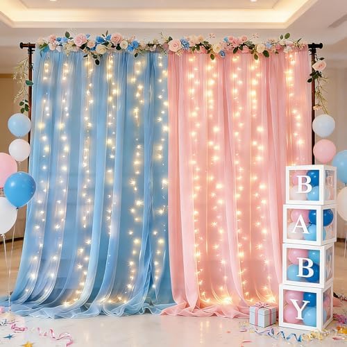 Ledido 10×10ft Pink Blue Tulle Backdrop Curtain with Light(4 Panels 5×8ft) by Ledido