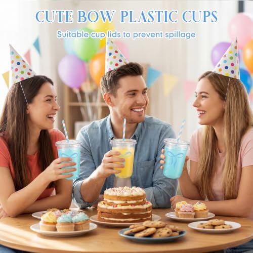LemonRoad 100sets 16oz Blue Bow Cups Blue Birthday Party Decorations Supplies Cute Plastic Cups Disposable with Lids and Straws, for Valentines Galentines Day Christmas Wedding Baby Shower Decorations - Image 6