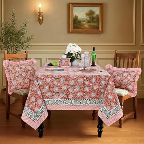 Ridhi Dark Salmon Pink Hand Block Print Cotton Tablecloth 140 x 72 Inch - Image 2