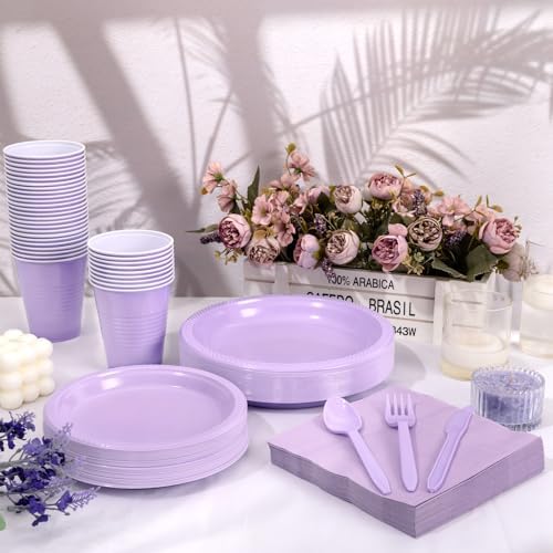 WELLIFE 210Pcs Purple Plastic Plates,Party Plates and Cups and Napkins Sets - Image 3