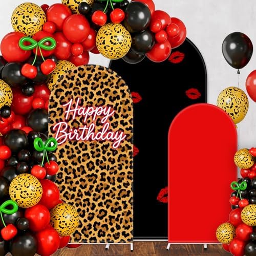 FYSUIMU 3 Pcs Leopard Print Happy Birthday Arch Backdrop Covers Red Black Cheetah Print Lips Stretchy Spandex Arch Stand Fabric Cover for Birthday Party Decor Photo Background (4ft/5ft/6ft) by FYSUIMU