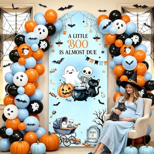 Blue Halloween Baby Shower Party Decoration Set, 6 Ft A Little Boo is Almost Due Stretchy Arch Backdrop Covers with Bat Stickers Balloon Garland Kit for Baby Shower Birthday Party Decor - Image 4
