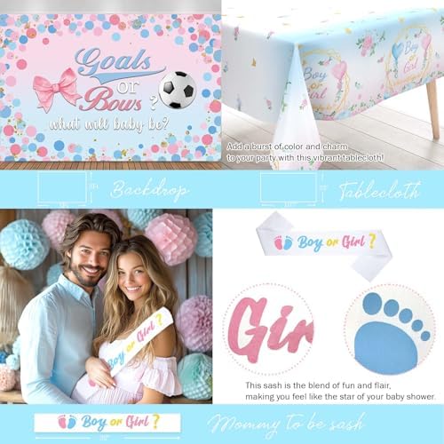 Soccer Gender Reveal Decorations, Baby Boy or Girl Gender Reveal Party Decor, Goals or Bows Backdrop Balloon Banner Tablecloth Cake Topper Box Sash for He or She Sports Gender Reveal Supplies - Image 4