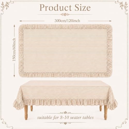 Striped Ruffled Tablecloth 60x120 Inch Cotton Polyester Striped Tablecloth Rectangular Fits 8-10 Seater Table Farmhouse Vintage Table Cover for Home Kitchen Baby Shower Birthday Party Picnic (Taupe) - Image 2