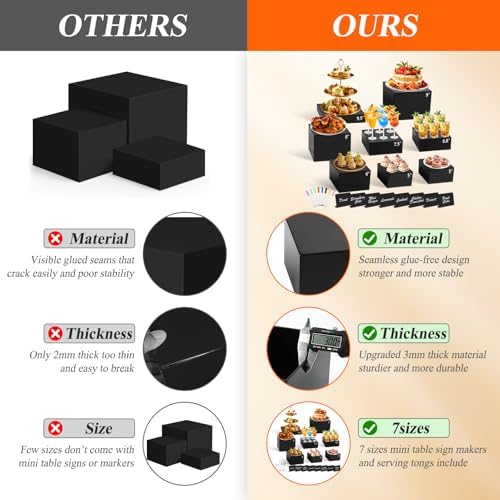 8Pcs Black Acrylic Buffet Risers with Mini Sign and Marker, Black Acrylic Risers for Party Catering Dessert Jewelry Collectibles with Hollow Bottoms Nesting Cube Box (9.5" 9" 8" 7.5" 6.8" 6" 5" 5") - Image 5