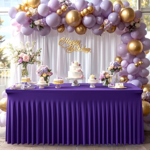 2 Packs Purple Table Clothes for 8 Foot Rectangle Tables, One-Piece Wrinkle Resistant Stretch Spandex Table Covers with Skirt for Event Banquet Wedding Birthday Party - Image 3