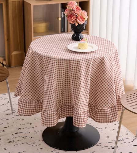 vctops Farmhouse Khaki Plaid Ruffle Table Cloth, Boho Cotton Linen Tablecloth, Washable Table Cover for Round Table Baby Shower Kitchen Party Wedding Decor (Khaki,70") - Image 2