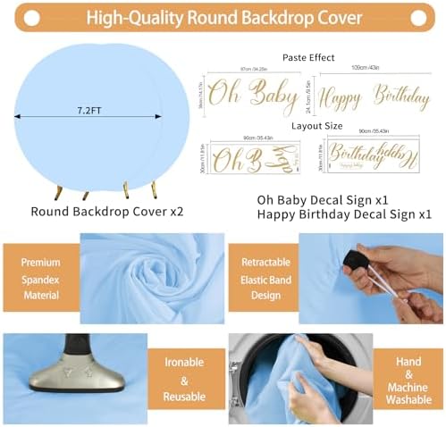 2 Pcs 7.2 FT Baby Blue Round Backdrop Cover for 5 to 7.2ft Circle Arch Stand with Oh Baby and Happy Birthday Decal Sign - Arch Backdrop Cover for Wedding Party Photography Decoration - Image 2