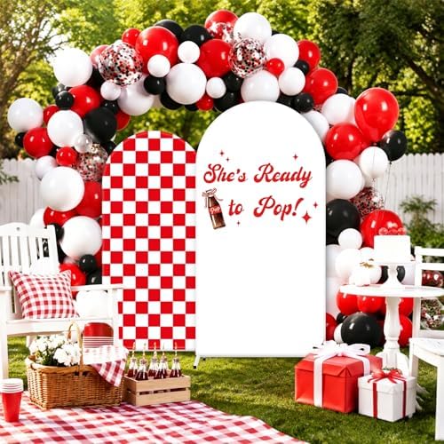 FYSUIMU 2 Pcs She’s Ready to Pop Arch Backdrop Covers Red Plaid Soda Bottle Stretchy Spandex Arch Stand Fabric Cover for Baby Shower Gender Reveal Party Decorations (5ft/6ft) - Image 5