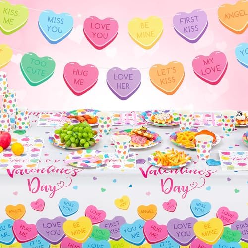 Ziliny 171 Pcs Valentine's Day Party Decorations Serve 24, Conversation Hearts Paper Plates Napkins Cup Banner Tablecloth Cutlery Valentine Galentine Day Anniversary Wedding Baby Shower Party Supplies - Image 2