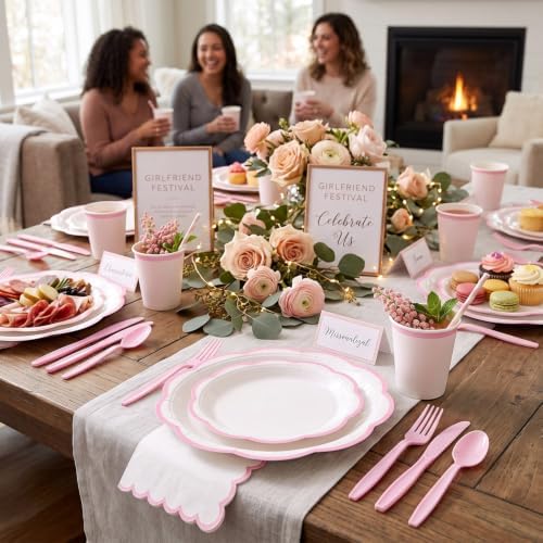 350 Pcs Pink Rim Paper Plates and Napkins Party Supplies - Image 4
