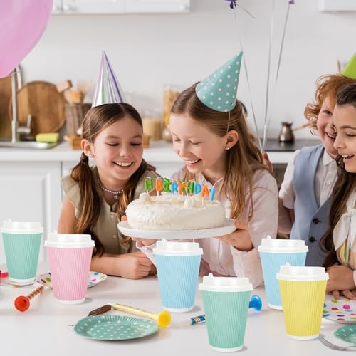 Whaline 100 Pcs Spring Pastel Color Disposable Coffee Cups with Lids Paper Cups 12 Oz Yellow Pink Blue Green Corrugated Ripple Wall Insulated Hot Cup for Spring Summer Home Office Party Supplies - Image 5