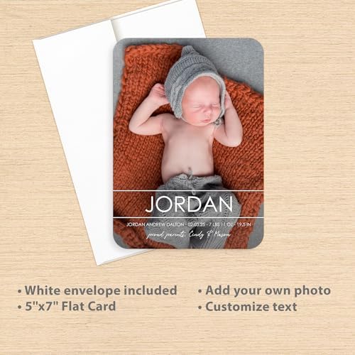 Let's Make Memories Personalized Baby Announcement Cards - Birth, Adoption - Boy, Girl - Premium Quality Custom Photo Cards for Mailing - 5x7 - Includes White Envelopes - Modern Lines - 50 ct - Image 3