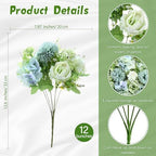 Tigeen 12 Bundles Artificial Flowers Bouquet Silk Peonies, White Green - Image 2