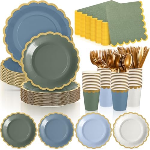 Mimorou 338 Pcs Dusty Blue and Sage Green Plates and Napkin Party Supplies by Mimorou