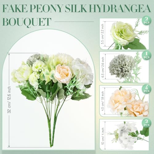 Tigeen 12 Bundles Artificial Flowers Bouquet Silk Peonies, White,Green - Image 2