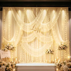 20x10ft Champagne Tulle Backdrop Curtains with Lights String for Parties,Wrinkle Free Sheer Curtain with Lights Wedding Photo Backdop Drapes for Baby Shower Birthday Party Photography Home Decorations - Image 2