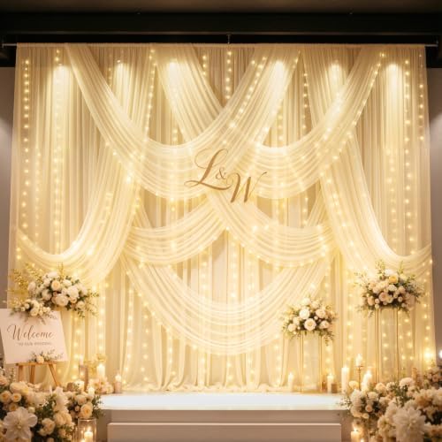 20x10ft Champagne Tulle Backdrop Curtains with Lights String for Parties,Wrinkle Free Sheer Curtain with Lights Wedding Photo Backdop Drapes for Baby Shower Birthday Party Photography Home Decorations - Image 2