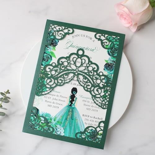 Hosmsua 50PCS Personalized Emerald Green Quinceanera Invitations Kit, 5.1x7.3 Inch Laser Cut Floral Crown Pocket Quinceanera Invitation Cards with Envelopes for Birthday Quince Anos Invite - Image 7