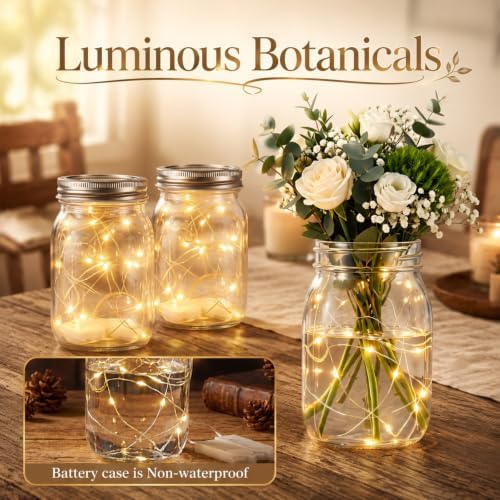 LemonRoad 6 Sets Mason Jar Centerpieces with Fairy Lights, Rustic Lighted Table Decorations for Weddings Party, Bridal Shower, Baby Shower, Farmhouse Home Decor, Floral Arrangements - Image 4