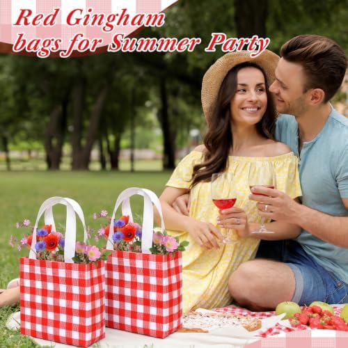 Lingvee 50 Pack Gingham Gift Bag Bulk Red and White Theme Plaid Reusable Tote Bags with Handle Non Woven Candy Bags for Checkered Themed Birthday Baby Shower Christmas Party Decorations Supplies - Image 3