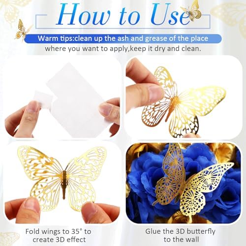 296 Pcs Artificial Roses Silk Flowers 3D Butterflies, Blue, Gold - Image 4