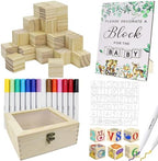 Baby Shower Blocks to Decorate，102PCS Baby Shower Blocks Game Set，Includes Clear Window Wooden Box, 40 Templates to Paint, 12 Acrylic Markers & 1 Wooden Sign Suitable for Boy and Girls by Abnaok