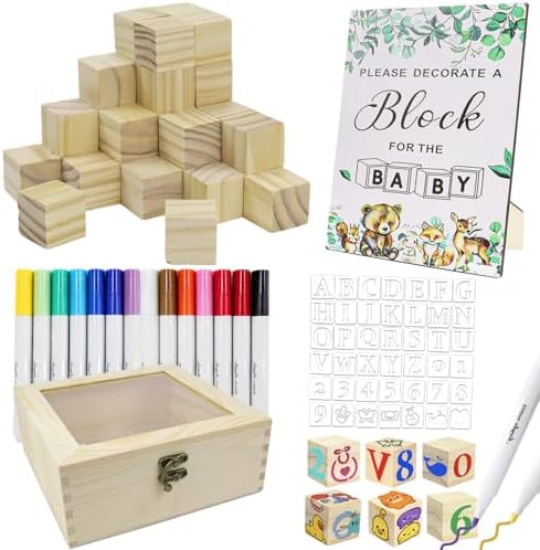 Baby Shower Blocks to Decorate，102PCS Baby Shower Blocks Game Set，Includes Clear Window Wooden Box, 40 Templates to Paint, 12 Acrylic Markers & 1 Wooden Sign Suitable for Boy and Girls by Abnaok