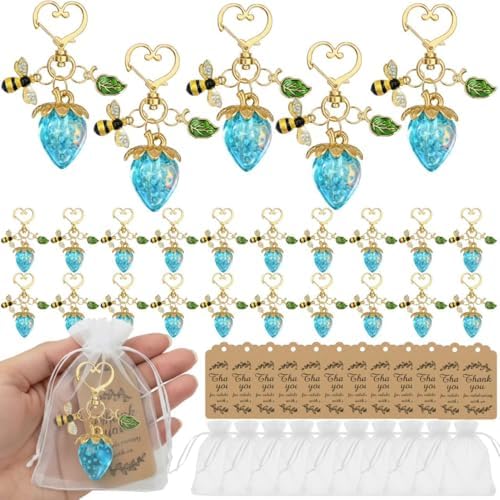 20 Sets Strawberry Keychains with Enamel Bee and Leaf Charms, Clear Blue by Ycchensying