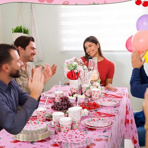 Ceenna 452 Pcs Cherry Party Decoration for 50 Guest, Cherry Paper Plates Napkins Cups Tablecloth Cutlery Straw Summer Fruit Disposable Tableware for Picnic Birthday Baby Shower Party Supplies - Image 5