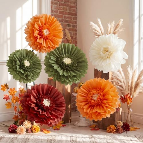 Giegxin 6 Pcs 31.5" 24" Giant Fall Paper Flowers Orange Sage Green Pom Poms by Giegxin